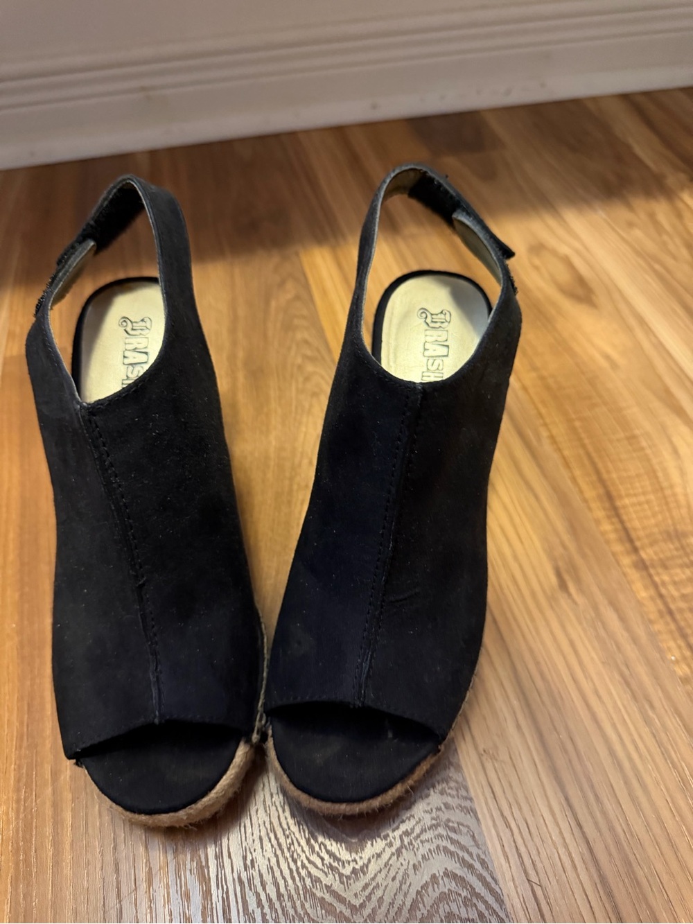 Black Suede Peep-Toe Wedge Slingbacks